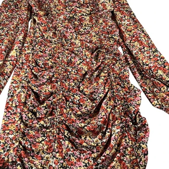 PrettyLittleThing Floral Ruched Mini Dress Long Sleeve Cottagecore Boho Size 10 - Picture 3 of 13